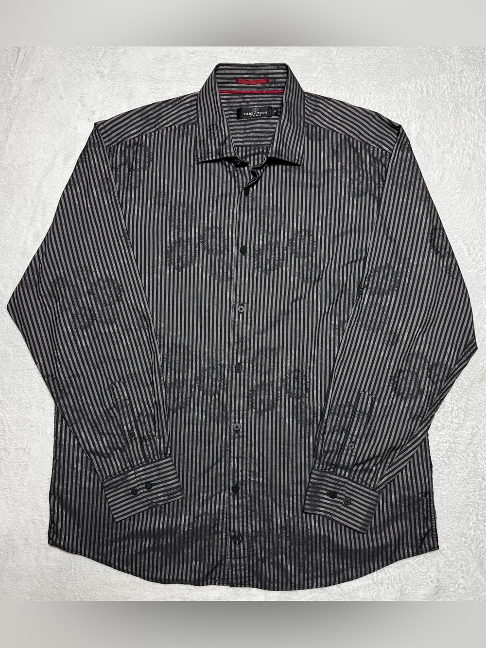 Bugatchi Uomo Men’s XL Button Up Shirt Black Gray Stripe Floral 100% Cotton